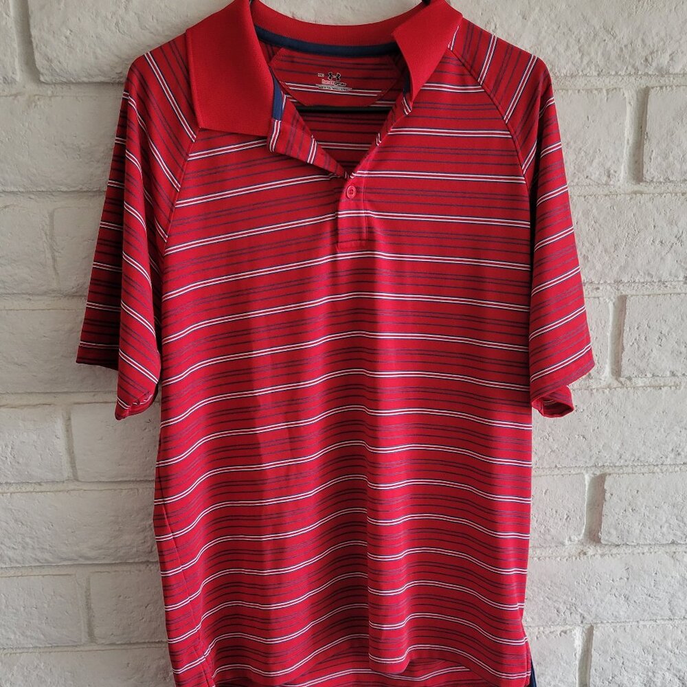 Mens Under Armour HeatGear Polo Golf Shirt Performance Red Striped Size Med